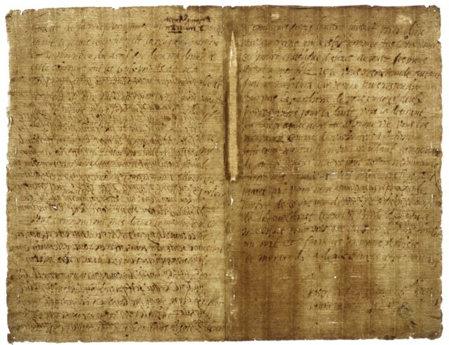 The last letter written by Mary, Queen of Scots, on the eve of her execution. It was addressed to her former brother-in-law, Henri III, King of France.