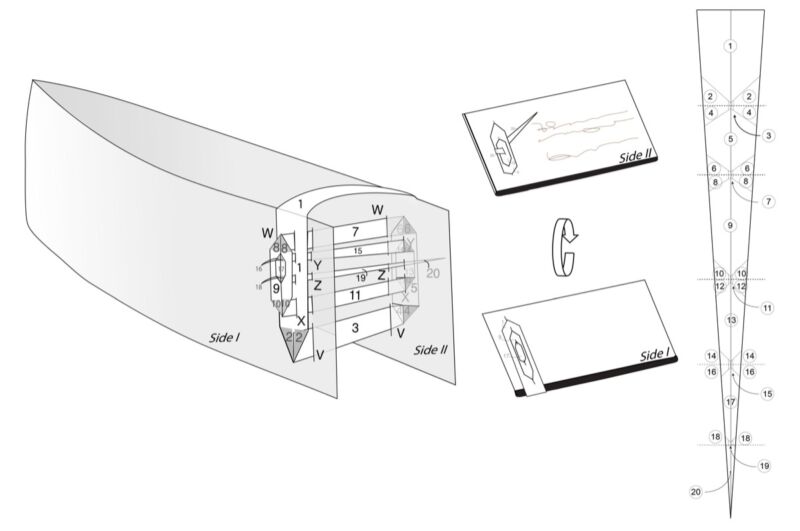 Four vector drawings show the five-slit spiral lock mechanism used by Mary, Queen of Scots; the front and back of a locked letter packet using this method; and an unfolded lock. Sections are numbered 1-20 to show the different areas created by folding.