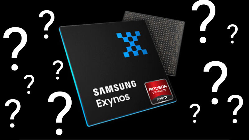 تدور علامات الاستفهام التي تم تعديلها باستخدام برنامج Photoshopped حول جهاز ذكي يعرض الكلمات Samsung Exynos.