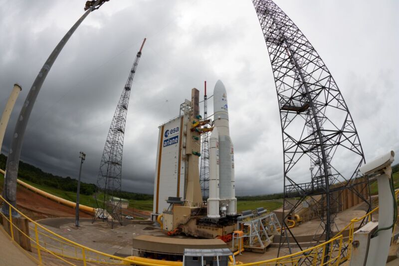 The Ariane 5 rocket, with the James Webb Space Telescope, at its launch site in French Guiana. 