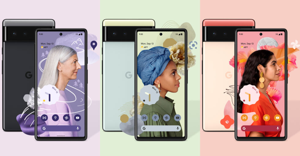 Obrazy promocyjne Pixela 6 od Google.  Te kolory to czysty photoshop.  W Androidzie 12 nie można używać odważnych kolorów w kolorze fioletowym, szarym, pomarańczowym i czerwonym.