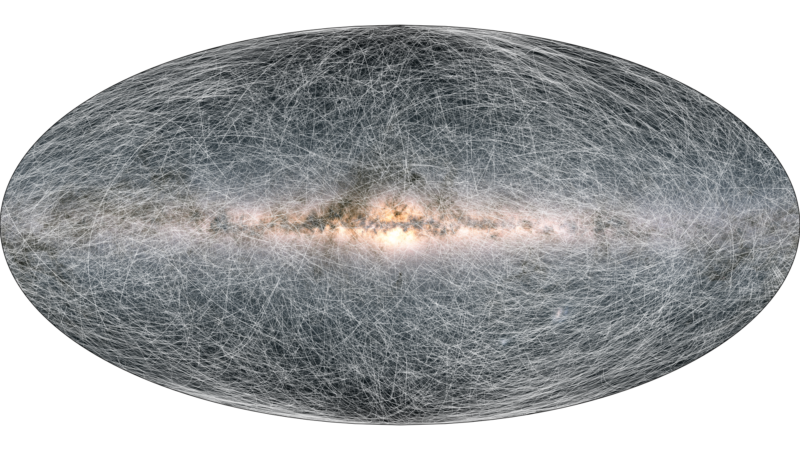 Oval depicting the Milky Way, including traces that follow star motions.