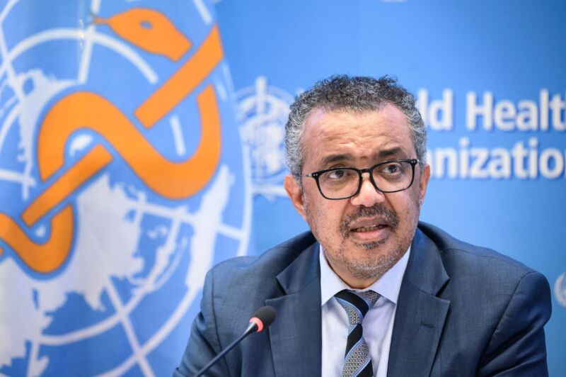 World Health Organization (WHO) Director-General Tedros Adhanom Ghebreyesus speaks during a press conference on December 20, 2021, at the WHO headquarters in Geneva.