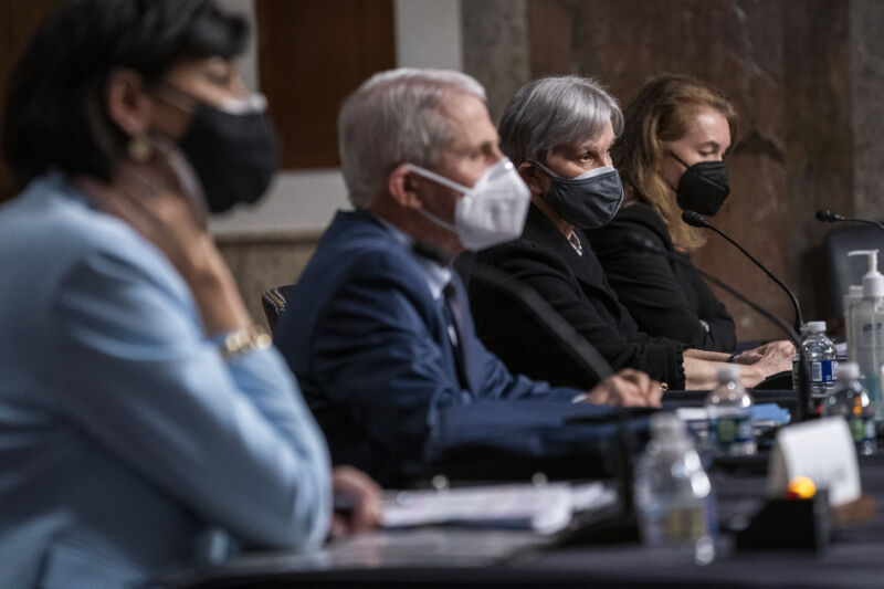 (L-R) Dr. Rochelle Walensky, Director of the Centers for Disease Control and Prevention, Dr. Anthony Fauci, Director of the National Institute of Allergy and Infectious Diseases and chief medical adviser to the President, Dr. Janet Woodcock, acting commissioner of the Food and Drug Administration, and Dawn O'Connell, assistant HHS secretary for preparedness and response, testify during a Senate Health, Education, Labor, and Pensions Committee hearing on Capitol Hill on January 11, 2022 in Washington, D.C. 