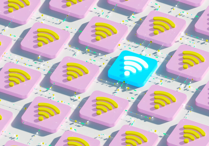 Yellow wifi symbols on pink squares, with one white wifi symbol on a blue square