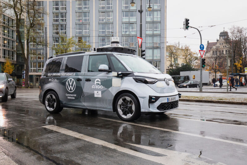 A VW ID Buzz prototype equipped with Argo AI's autonomous driving hardware and software, on the streets of Munich, Germany. 