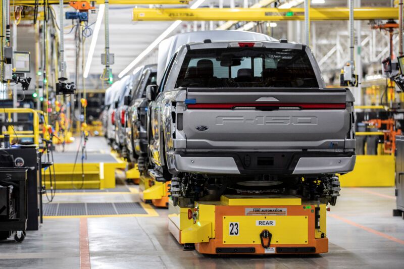 Electric F-150 Lightnings on the production line