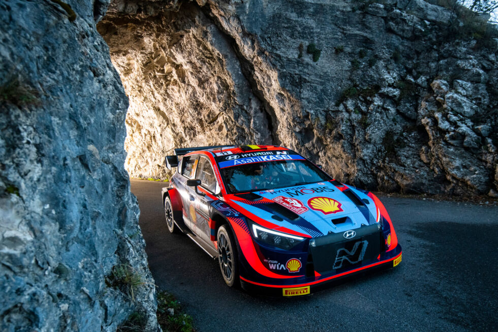 Thierry Neuville (BEL) and Martijn Wydaeghe (BEL) of the Hyundai Shell Mobis World Rally Team are seen performing during the World Rally Championship Monte Carlo in Monte Carlo, Monaco, on January 20, 2022.