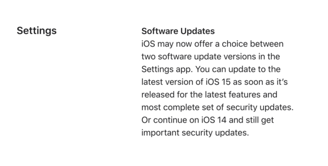 Apple's iOS 15 features page said—and still says—that iOS 14 will keep getting security updates. It doesn't mention a timeline. 
