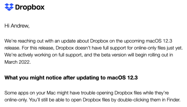 El correo electrónico de advertencia que Dropbox envió a los usuarios de Mac a principios de esta semana.