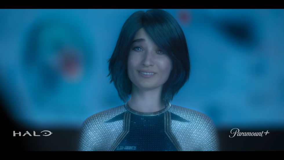 The character Cortana's first appearance in a live-action TV series. That uncanny valley look to her face is just as apparent in video as it is in a still image.