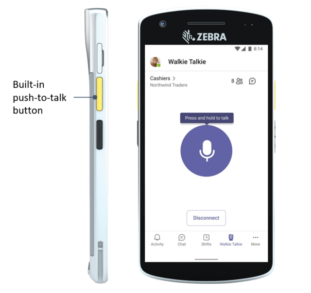 Si no tiene un dispositivo Zebra, puede tocar un icono en la aplicación Teams para enviar un walkie-talkie a alguien. 