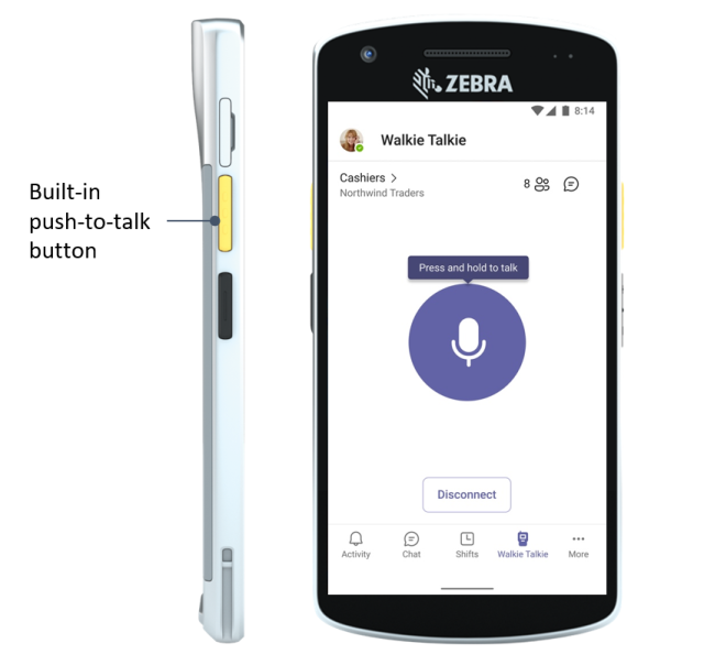 If you don't have a Zebra device, you can touch an icon on the Teams app to walkie-talkie someone.