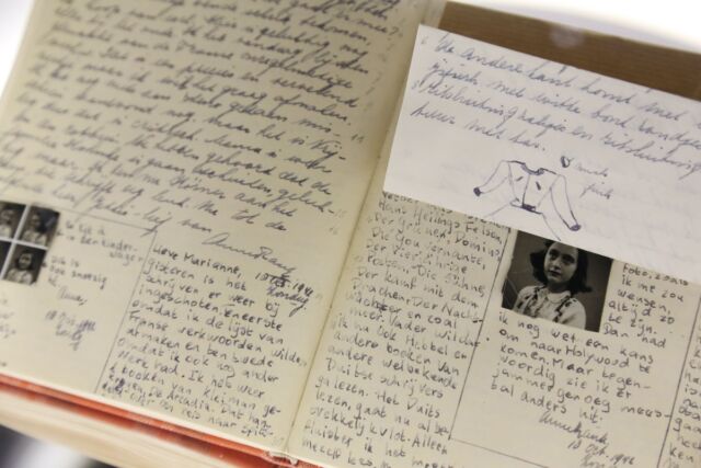 A reproduction of Anne Frank's diary, part of a permanent exhibition about the life of Anne Frank at the Simon Wiesenthal Center and the Museum of Tolerance.