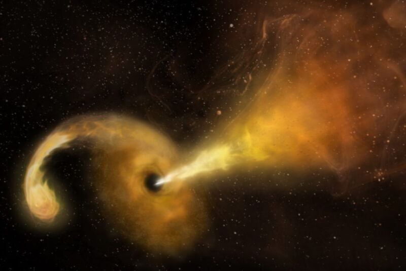 Artist's conception of a Tidal Disruption Event (TDE) -- a star being shredded by the powerful gravity of a supermassive black hole. Material from the star spirals into a disk rotating around the black hole, and a jet of particles is ejected.