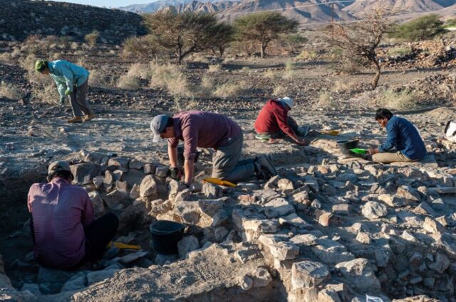 Archaeologists excavating a Bronze Age and Iron Age settlement near the village of Ayn Bani Saidah in Oman. 