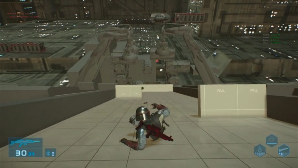 Boba Fett, seen casually sliding past a WALL or two (in clear pre-pre-alpha footage of <em>Star Wars 1313</em>).
