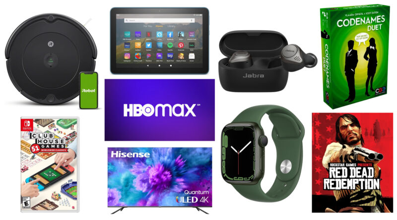 A collage of electronic consumer goods against a white background.
