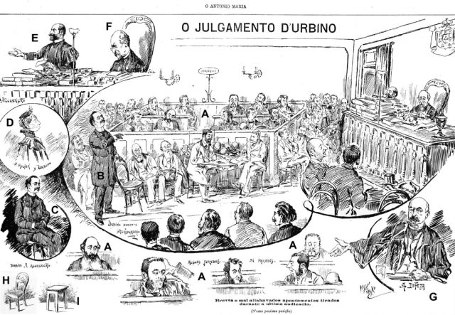 Illustration depicting the trial of Vicente Urbino de Freitas. 