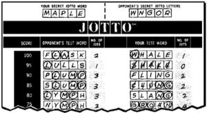 A play sheet from <em>Jotto</em>, a pen-and-paper game that predates <em>Wordle</em> by decades.