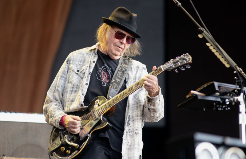 Neil Young performs on stage at Barclaycard Presents British Summer Time at Hyde Park on July 12, 2019 in London, England. 