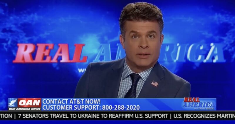 OAN host Dan Ball urges viewers to contact AT&T.