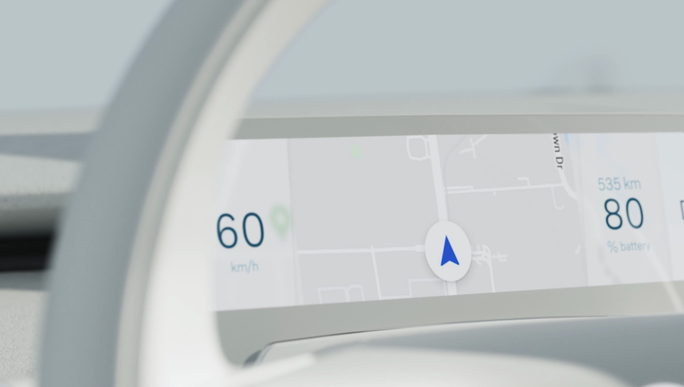 Das Polestar 3 Fahrerdisplay. Android bietet ein Google Maps-Overlay und Medieninformationen, während ein Echtzeit-Betriebssystem den Tachometer übernimmt. 