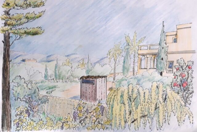 Artist's representation of the toilet room that once stood in the garden of the Armon Hanatziv royal estate.