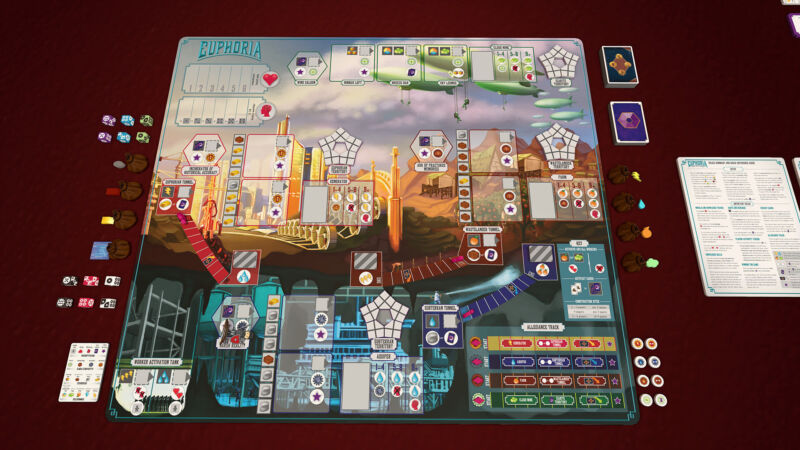 Dice placement game Euphoria as seen in <em>Tabletop Simulator</em>.