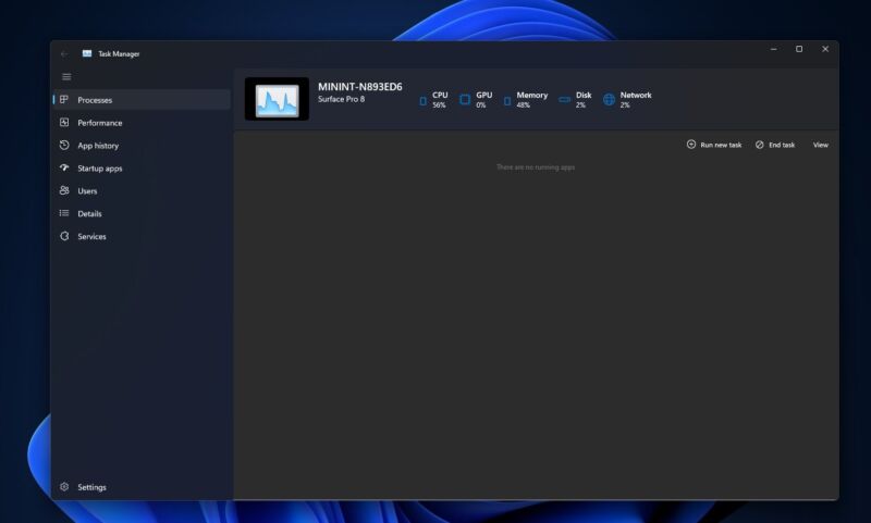 A look at the Windows 11-style Task Manager, with Mica theming and dark mode support.