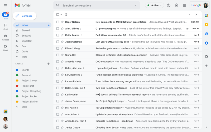 The new Gmail design. It has tweaked colors and an additional sidebar on the left for Google Chat and Google Meet. 