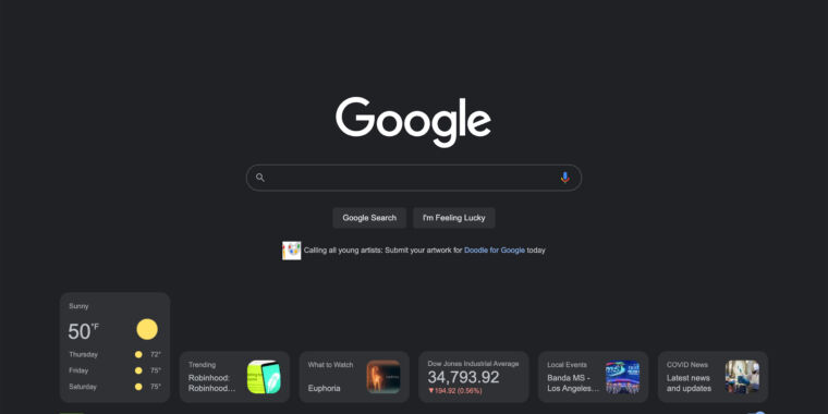 Google.com tests a busier homepage with a row of info cards - Ars Technica