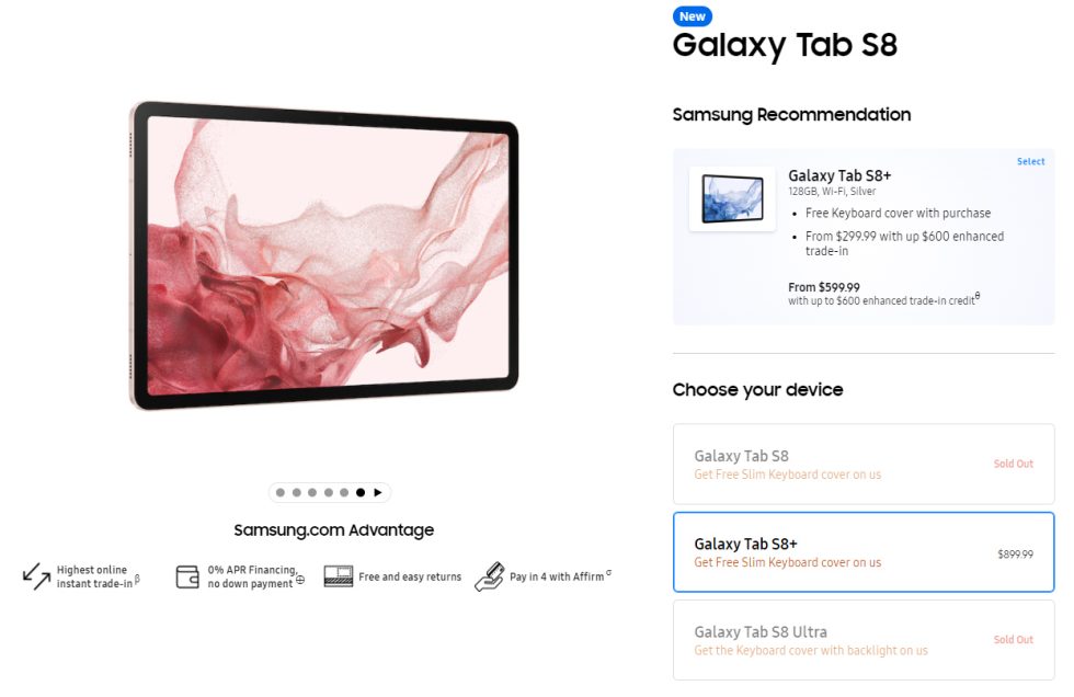 Samsung svetainė.  Kaip matote apačioje dešinėje, viskas, išskyrus Tab S8+, yra išparduota.