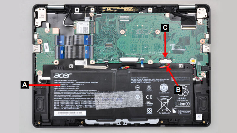 Google's repair program shows how to disconnect the battery from a Chromebook.