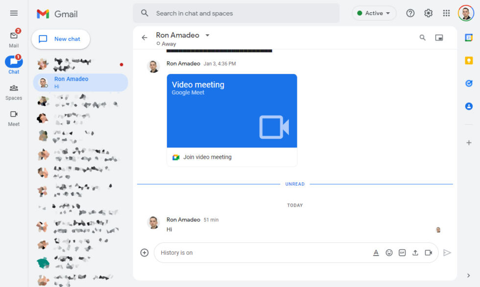 Google Chat is now a full-screen interface. The "Spaces" group chat shows the same interface, but now it's been annoyingly split into a separate area from your 1-to-1 chats.
