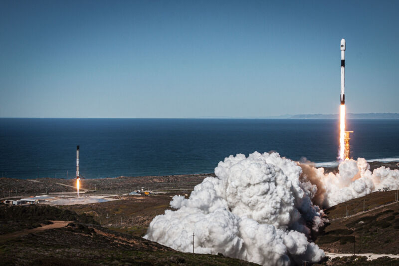 Composite image showing a Falcon 9 rocket launching, and a first stage landing, at Vandenberg Space Force Base this weekend.