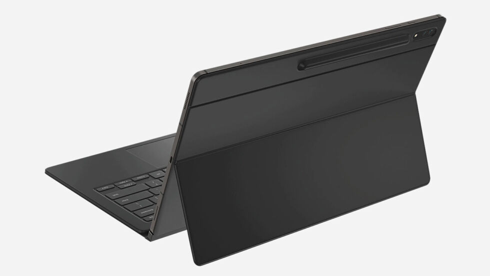 The keyboard case has a holder for the S-Pen. The top of the cover folds down, allowing you to get at the S-Pen. 