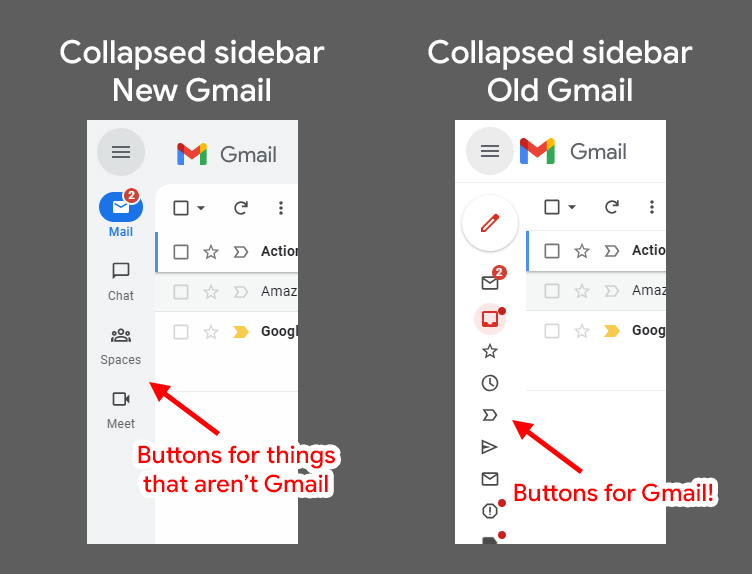 Anche se premi il pulsante dell'hamburger, il nuovo Gmail mostrerà comunque la barra dell'app.  Il vecchio layout, anche quando si comprime, visualizzerà ancora un'icona per ogni sezione di Gmail.