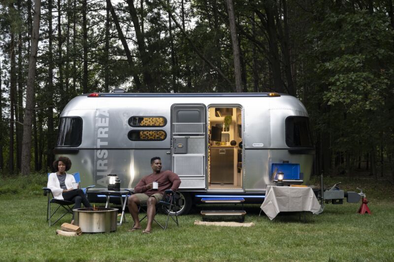 A silver airstream travel trailer