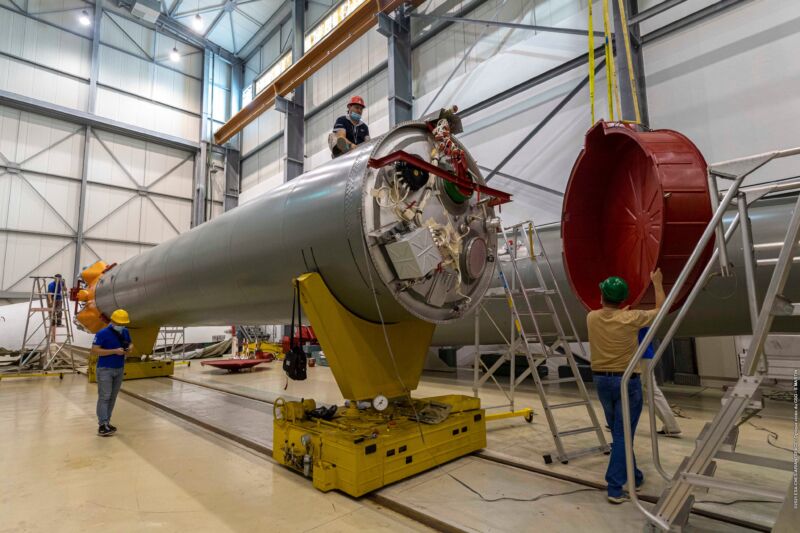 Russian workers assemble a Soyuz rocket for the launch of satellites for the European Space Agency in December 2021.