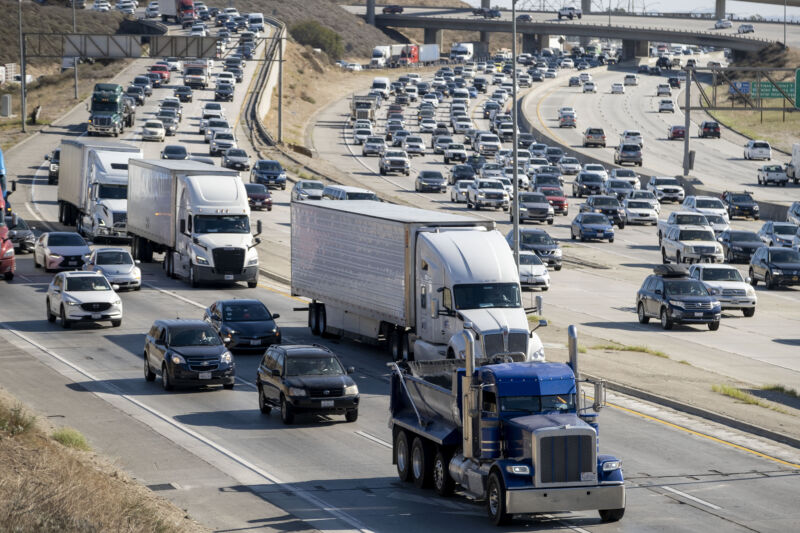 Traffic jam forms on Interstate 5 north of Los Angeles.