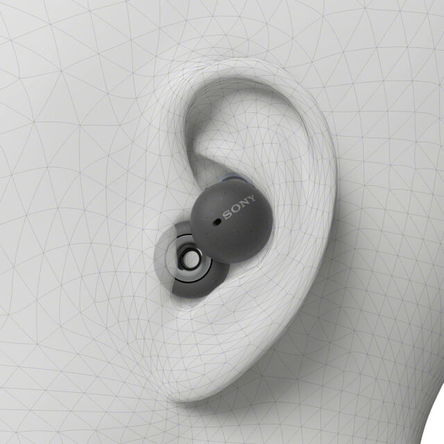 A look at how you actually wear the LinkBuds in your ear. Nothing goes inside your ear canal; instead, a soft "supporter" tucks under the upper portion of your outer ear while the ring-shaped driver rests along the bottom.