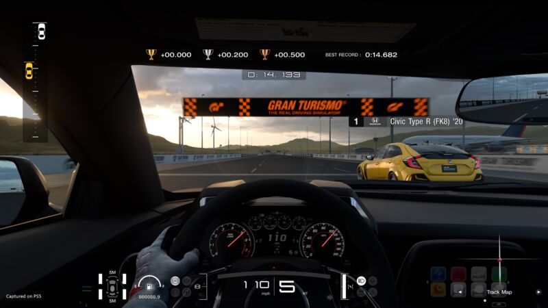 A Gran Turismo 7 screenshot showing an in-car view