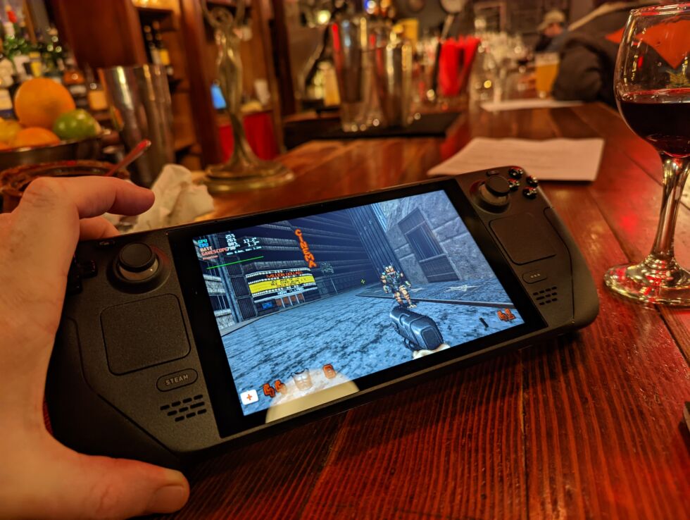 A romantic night out with Steam Deck at one of my favorite Seattle pubs. Also, a reminder that some very weird edge cases will work fine on the Deck, including the Windows 98 version of <em>Duke Nukem 3D</em>. Getting this game working required fussing with the Steam Deck's per-game controller toggles, but once I did so, I found it ran fantastically.