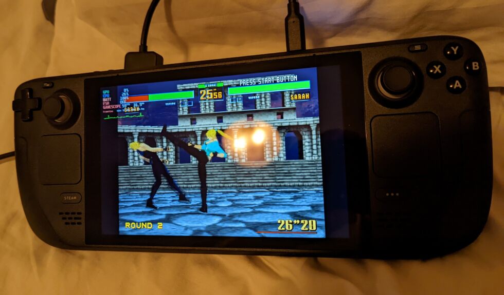 Retroarch's Kronos core, as running on Steam Deck. Those real-time performance stats at the top-left can be turned on or off at any time in any game.