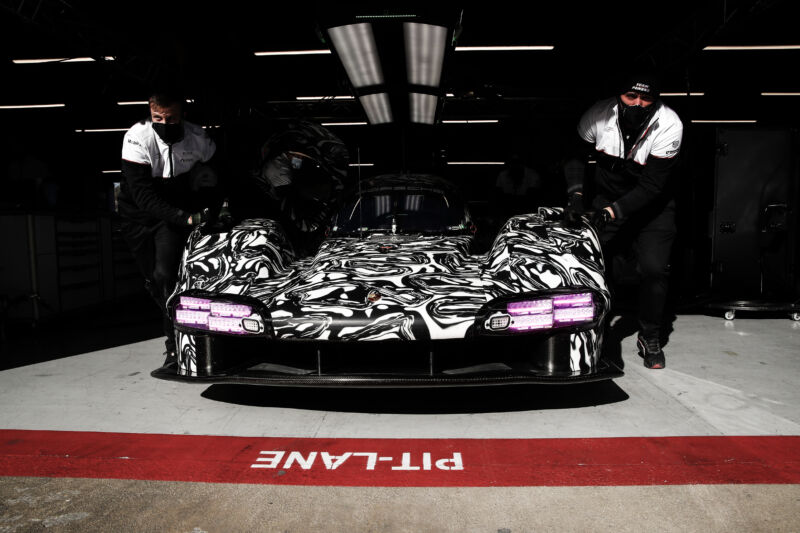 The new Porsche LMDh car seen testing at the Circuit de Catalunya in Spain