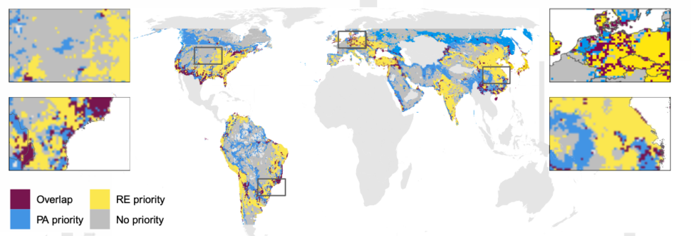 A map of the most likely regions of solar power expansion (yellow) and habitat protection expansion (blue). Areas where the two conflict are shown in red.