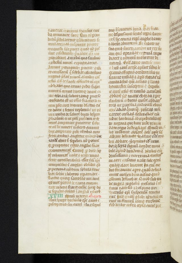 Extrait du <em>Chronicle</em> de Gervase de Canterbury où le moine médiéval décrit la foudre en boule – la plus ancienne description connue de la foudre en boule en Angleterre. Cambridge, Trinity College, MS R.4.11, p.324.