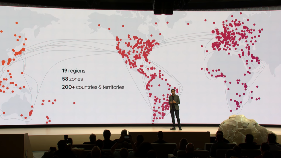 During a Stadia presentation, Google CEO Sundar Pichai stands in front of a big map that has nothing to do with Stadia.
