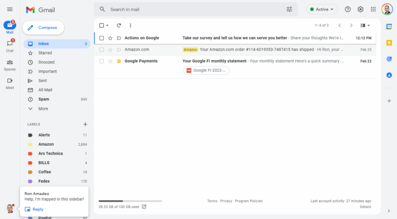 Conveniente: la nueva barra lateral de Gmail parece un gran anuncio publicitario para Google Chat